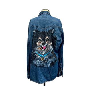 Pomerarian Dog Denim Shirt Unisex Handmade quirky